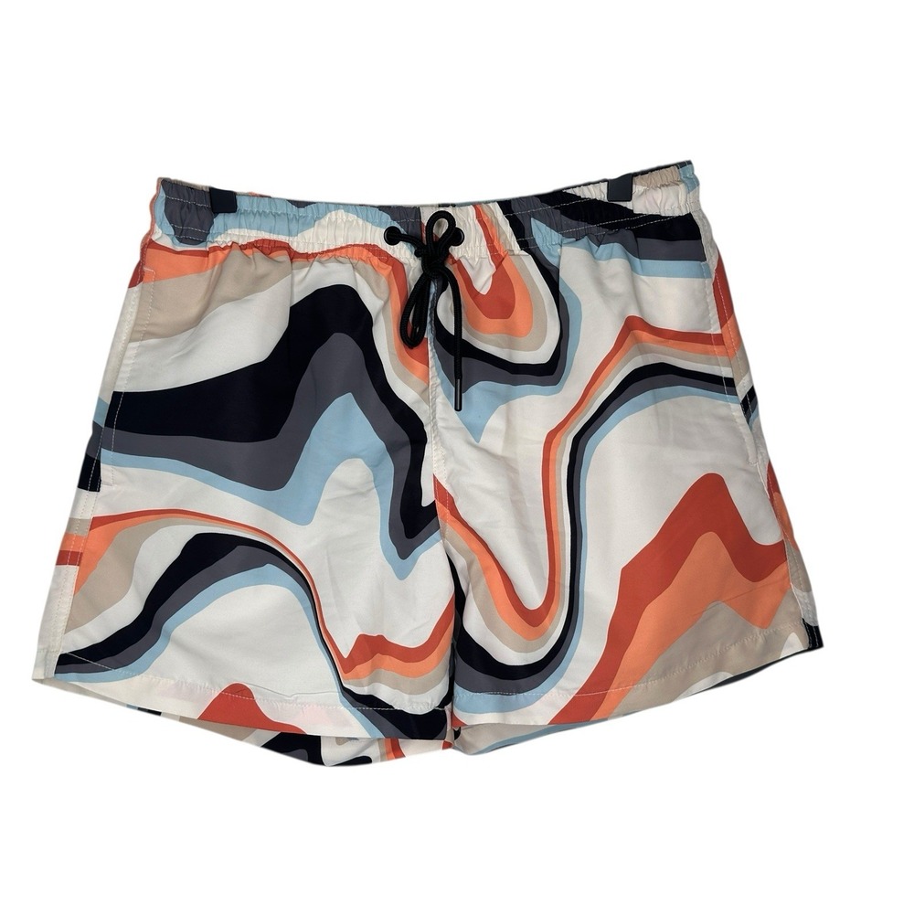 Zara Mens Wavy Swirl Lined Swim Trunks Shorts Jock Muscle 4.5" Beach MEDIUM